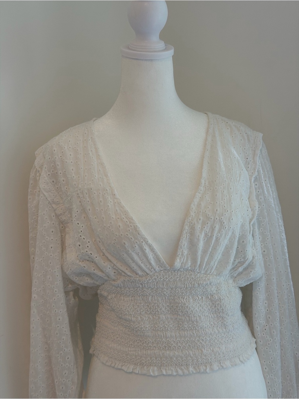 Smocked Waist White Eyelet V-Neck Blouse - Picture 3 of 4